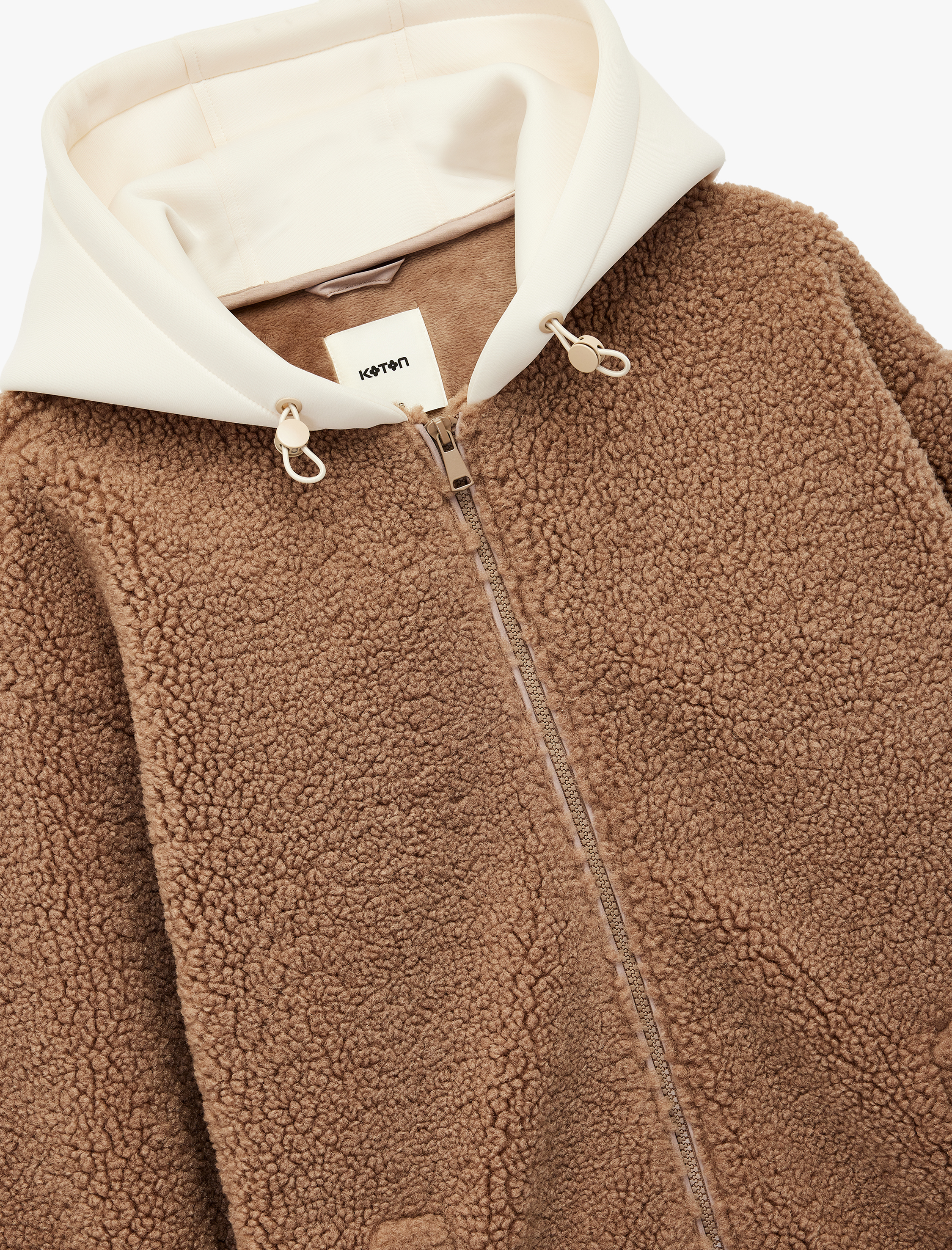   Uzun Kollu Fermuarlı Kapüşonlu Oversize Peluş Mont