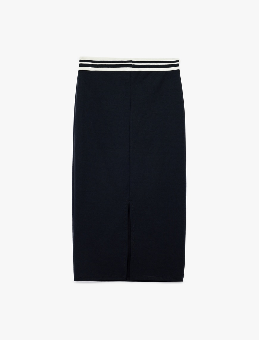   Beli Çizgili Lastik Detaylı Midi Slim Fit Kalem Etek
