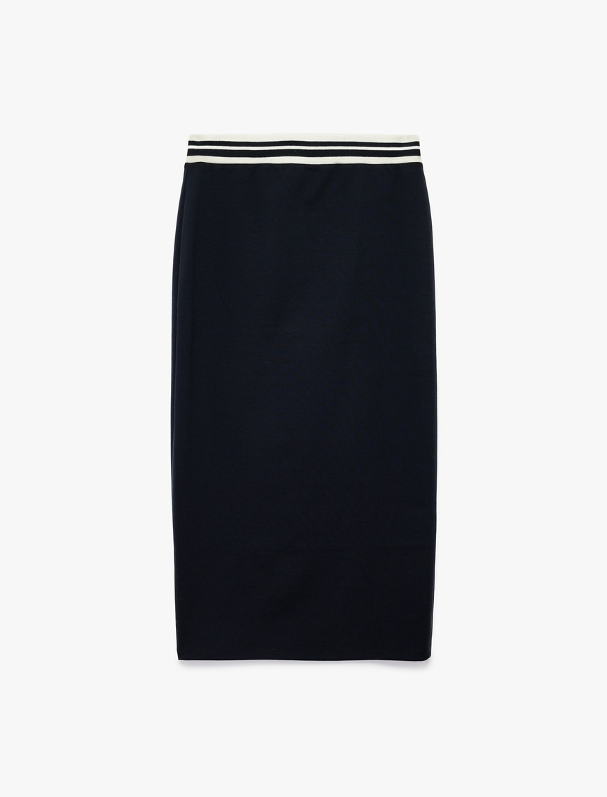   Beli Çizgili Lastik Detaylı Midi Slim Fit Kalem Etek