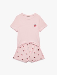 Kaşkorse Viskon Kumaş Kısa Kollu Bisiklet Yaka Kiraz Desenli Şortlu Pijama Takımı