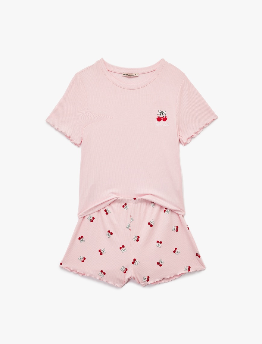   Kaşkorse Viskon Kumaş Kısa Kollu Bisiklet Yaka Kiraz Desenli Şortlu Pijama Takımı