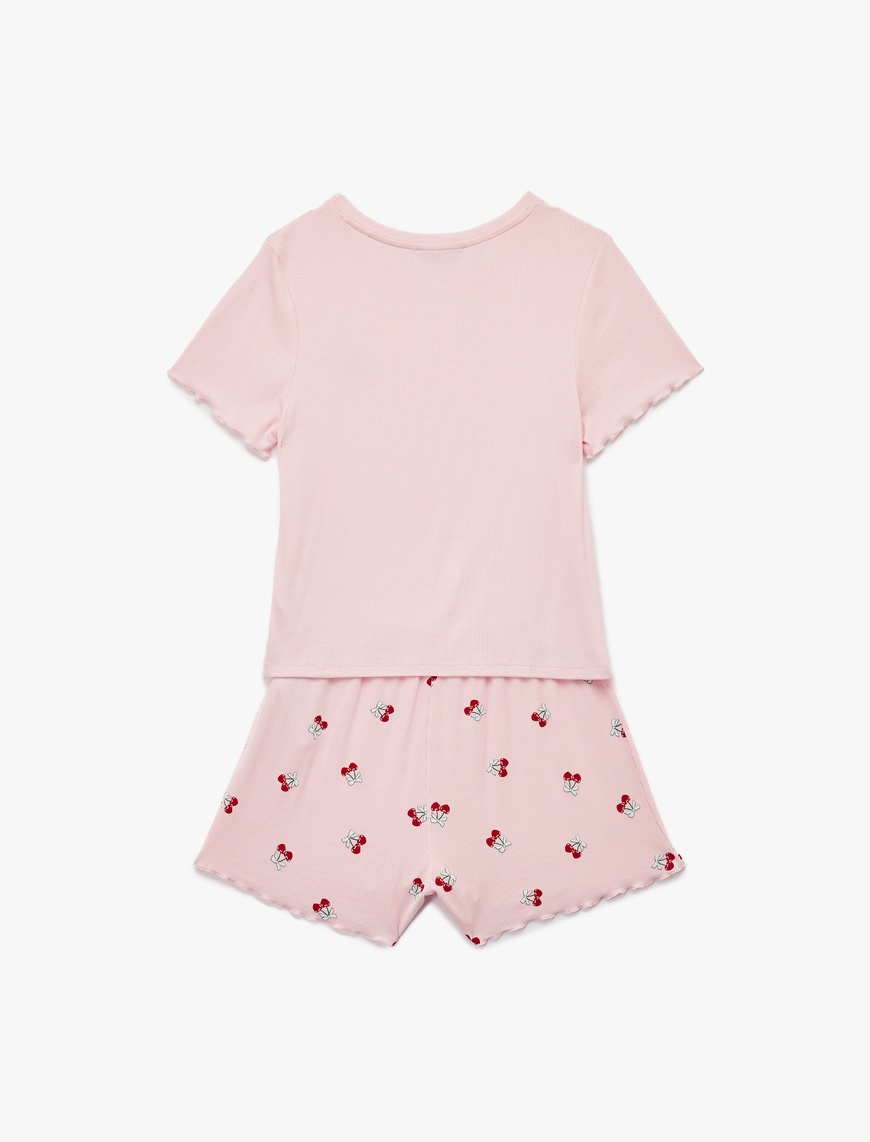   Kaşkorse Viskon Kumaş Kısa Kollu Bisiklet Yaka Kiraz Desenli Şortlu Pijama Takımı