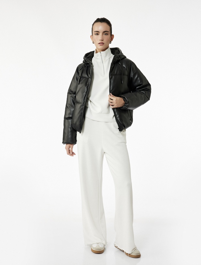  Fermuarlı Uzun Kollu Cepli Kapüşonlu Crop Suni Deri Şişme Mont