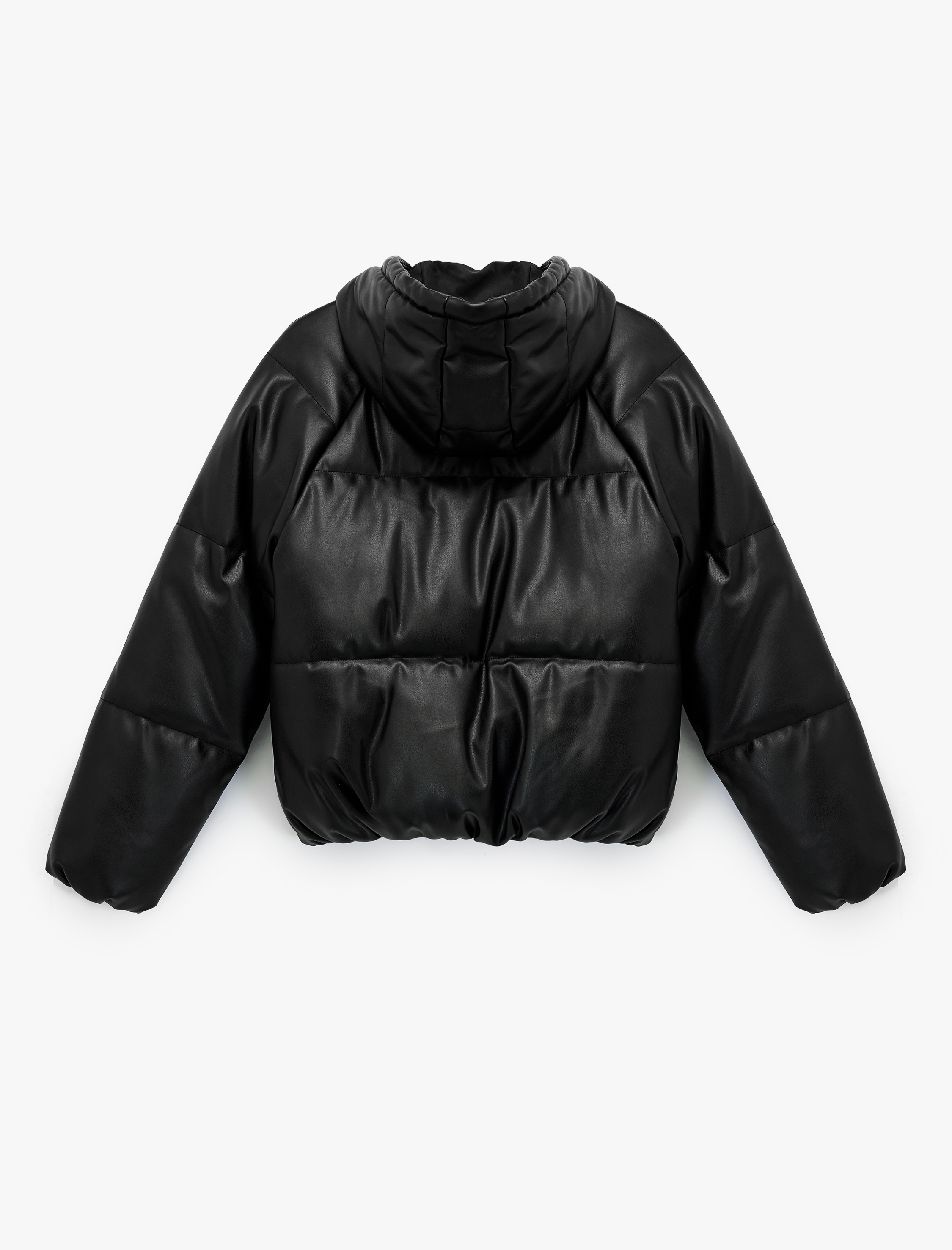   Fermuarlı Uzun Kollu Cepli Kapüşonlu Crop Suni Deri Şişme Mont