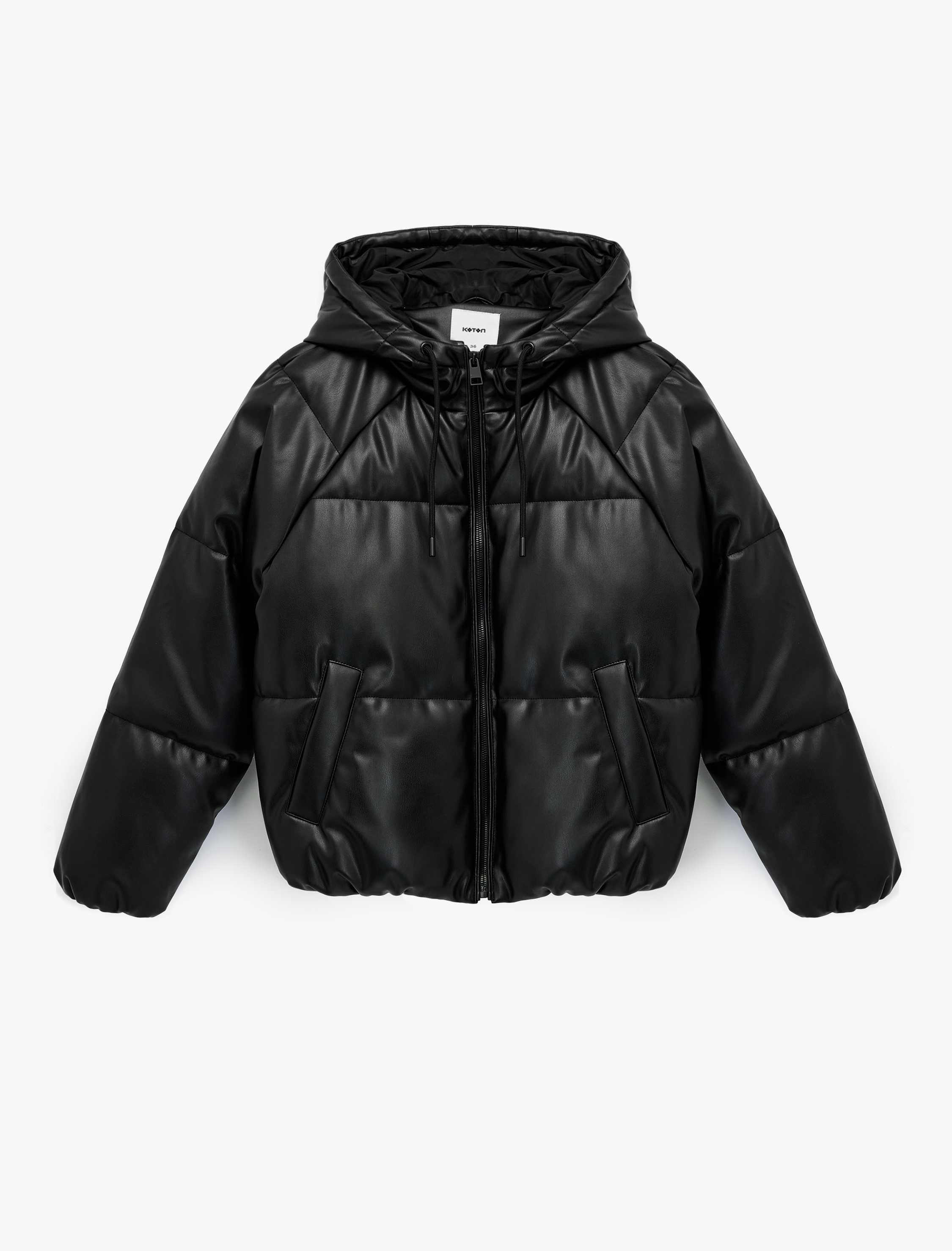   Fermuarlı Uzun Kollu Cepli Kapüşonlu Crop Suni Deri Şişme Mont