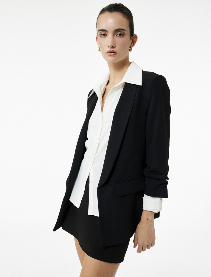  Krep Kumaş Regular Fit Şal Yaka 3/4 Kollu Blazer Ceket
