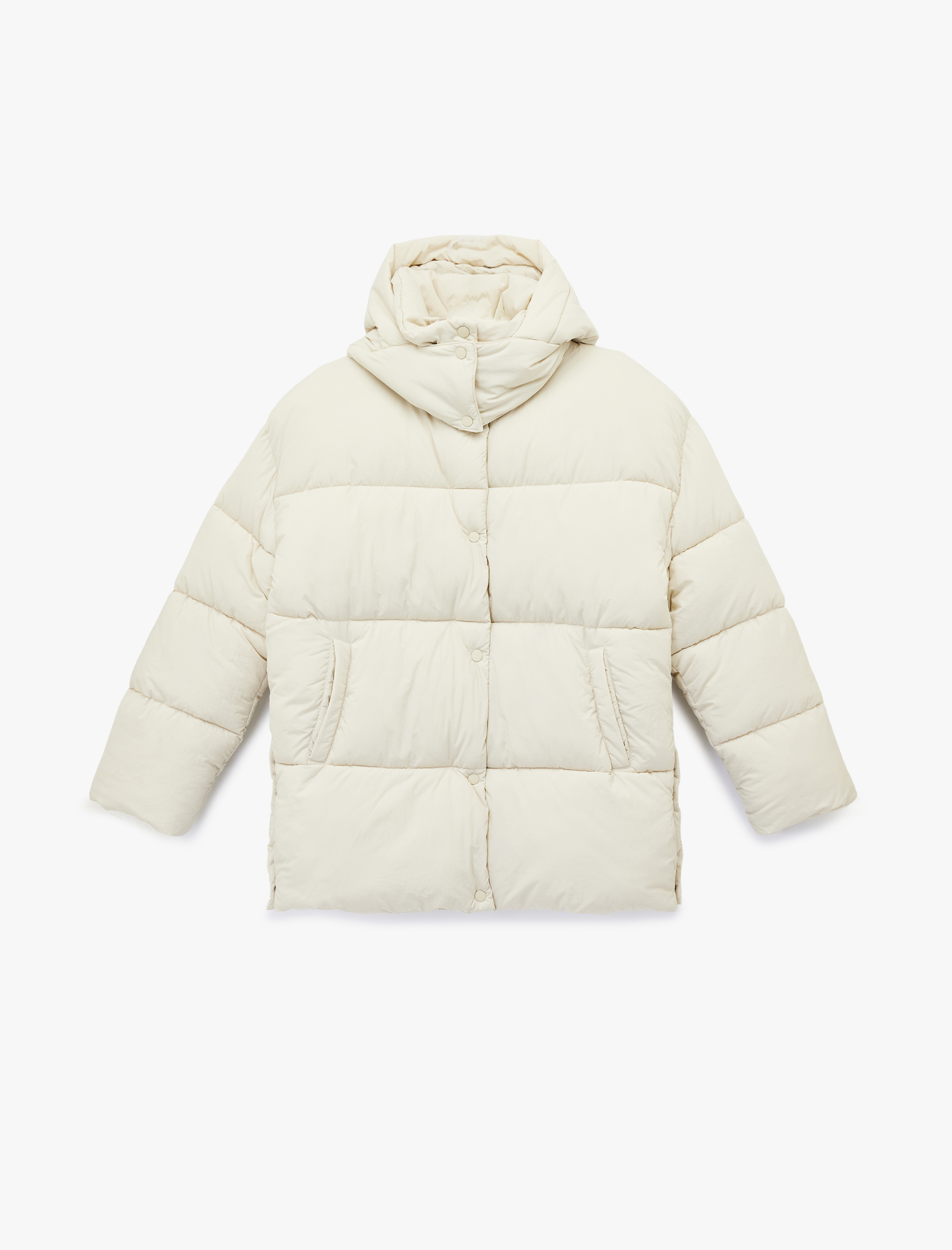   Fermuarlı Cepli Çıkarılabilir Kapüşonlu Uzun Kollu Su İtici Oversize Şişme Mont