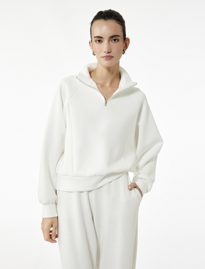  Rahat Kalıp Modal Kumaş Uzun Kollu Dik Yaka Yarım Fermuarlı Sweatshirt