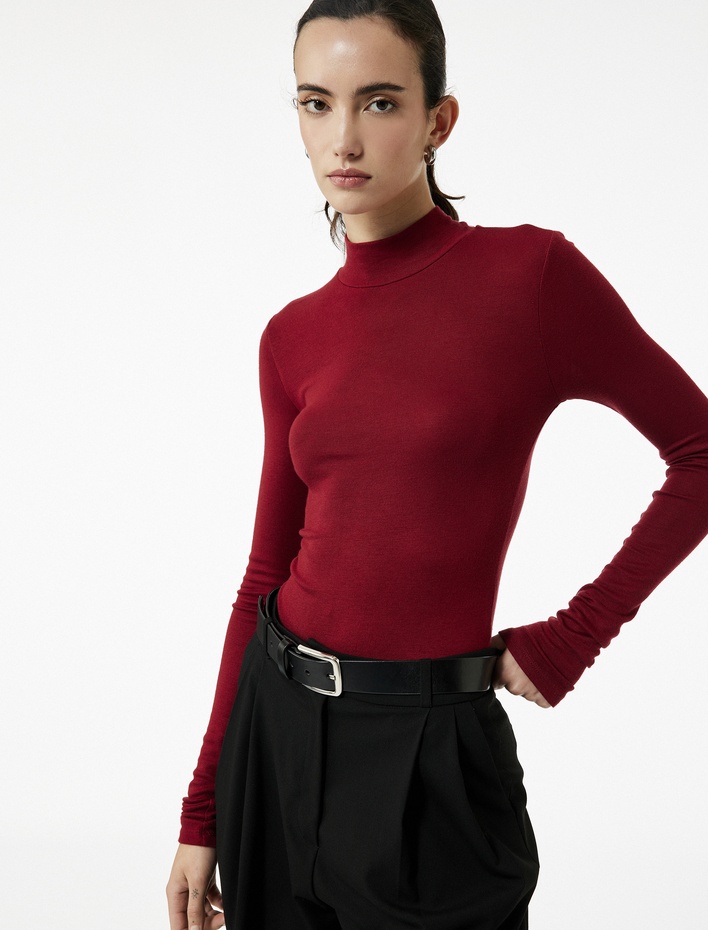  Viskon Kumaş Slim Fit Uzun Kollu Dik Yaka Bodysuit