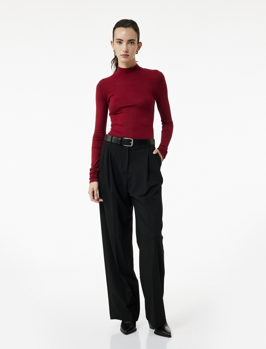   Viskon Kumaş Slim Fit Uzun Kollu Dik Yaka Bodysuit