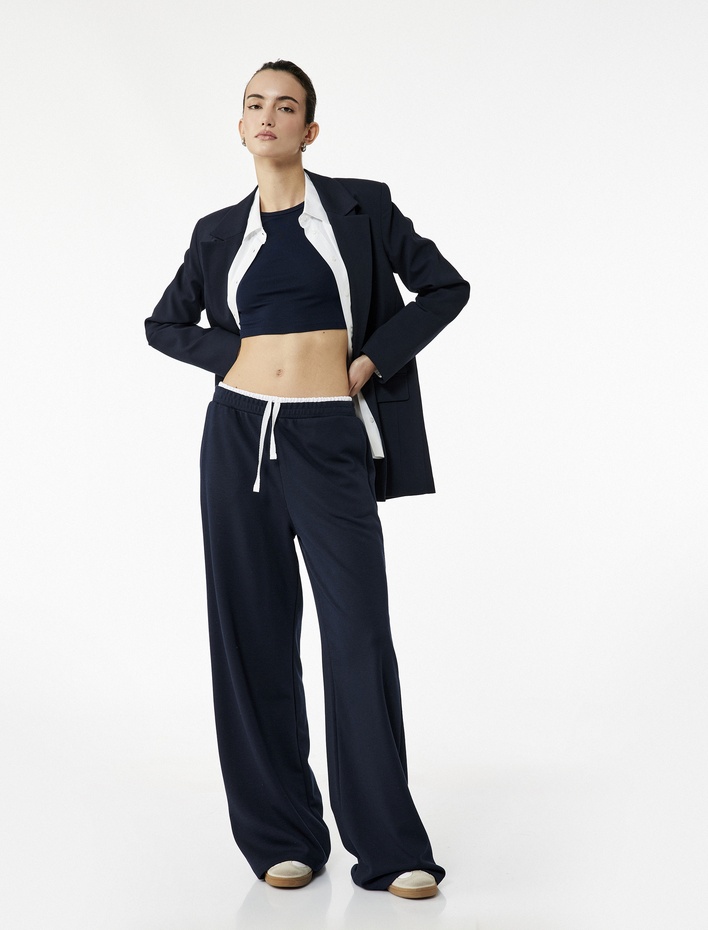  Cepli Çift Bel Detaylı Bağlamalı Geniş Paça Eşofman Altı