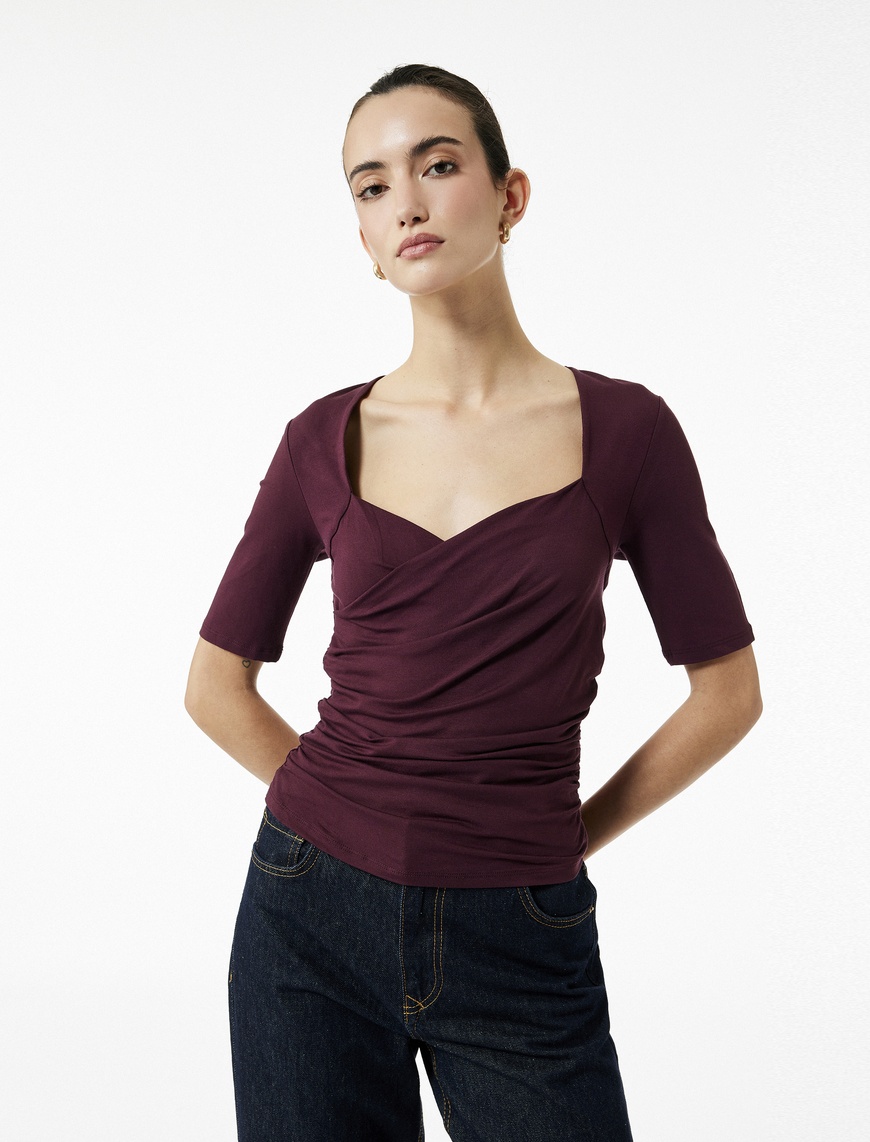   Slim Fit Kısa Kollu Düşük Omuz Kruvaze Bluz