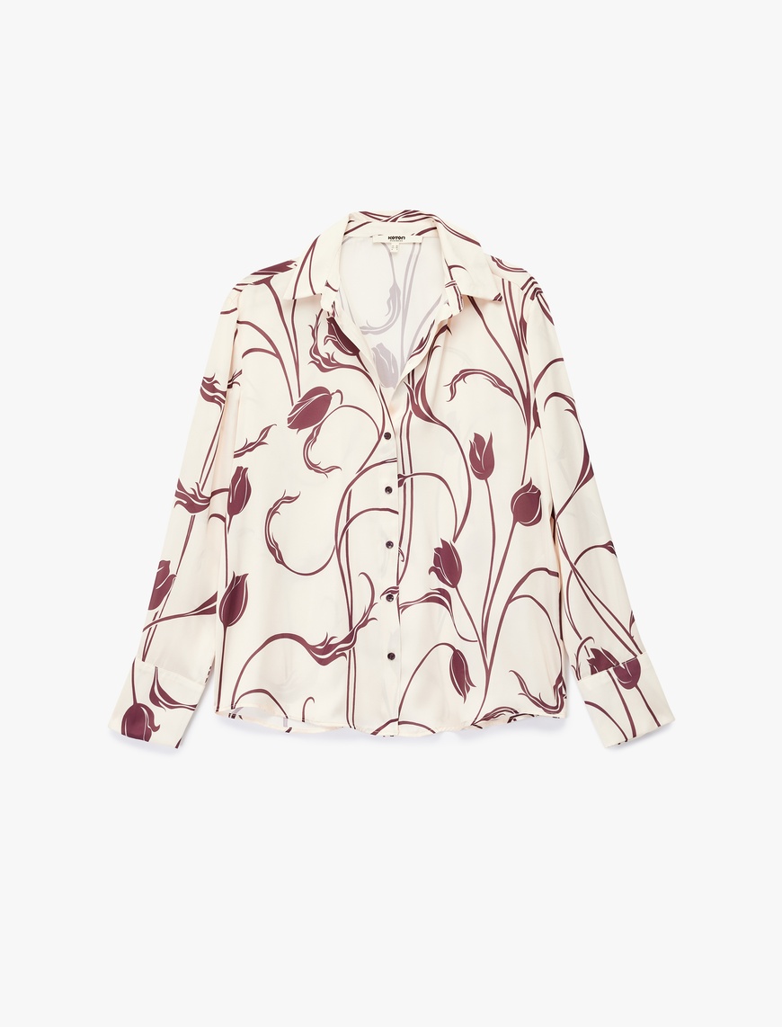   Rahat Kalıp Uzun Kollu Floral Desenli Saten Gömlek