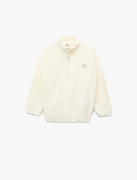 Uzun Kollu Cep Detaylı Baskılı Yarım Fermuarlı Polar Sweatshirt