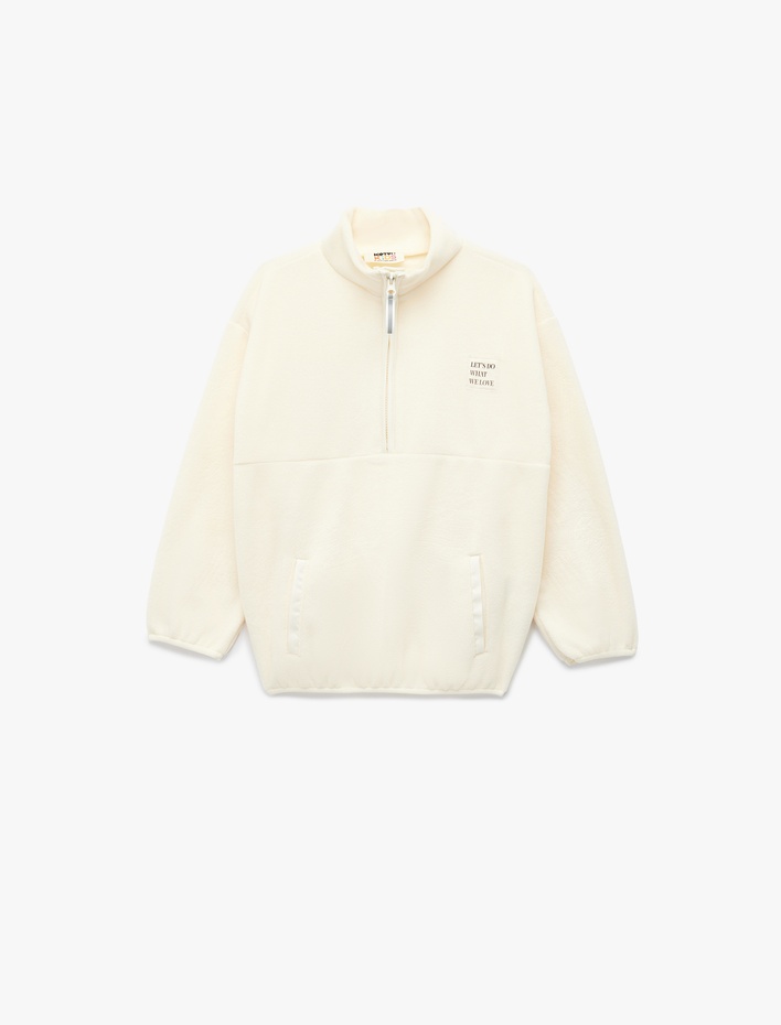 Kız Çocuk Uzun Kollu Cep Detaylı Baskılı Yarım Fermuarlı Polar Sweatshirt