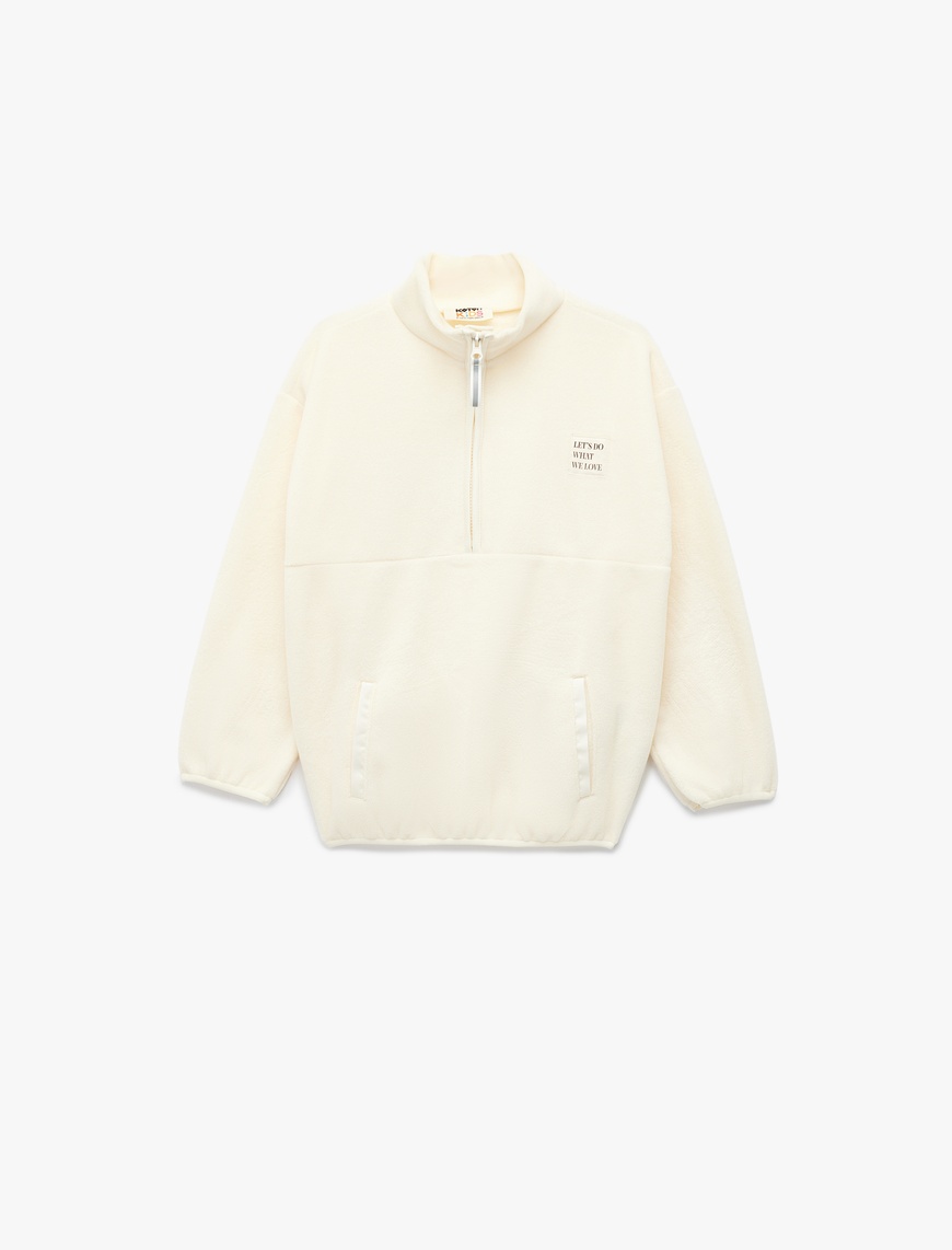  Kız Çocuk Uzun Kollu Cep Detaylı Baskılı Yarım Fermuarlı Polar Sweatshirt