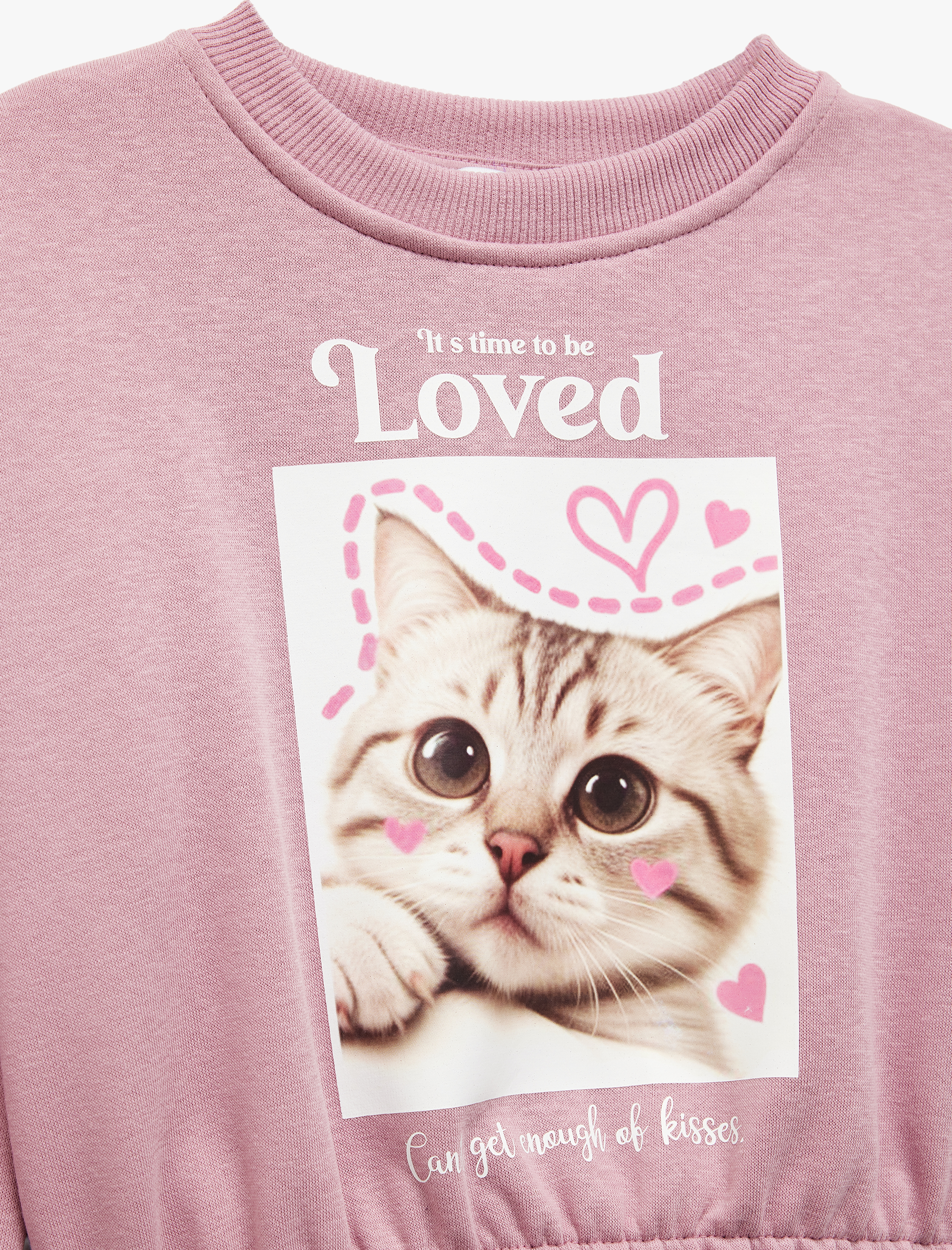 Kız Çocuk Beli Lastikli Şardonlu Uzun Kollu Bisiklet Yaka Kedili Crop Sweatshirt