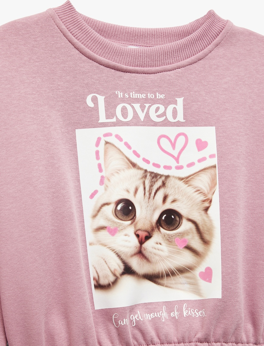  Kız Çocuk Beli Lastikli Şardonlu Uzun Kollu Bisiklet Yaka Kedili Crop Sweatshirt