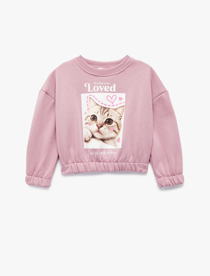Kız Çocuk Beli Lastikli Şardonlu Uzun Kollu Bisiklet Yaka Kedili Crop Sweatshirt