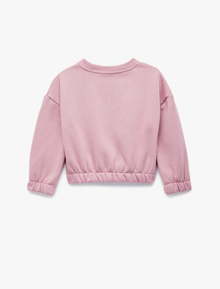 Kız Çocuk Beli Lastikli Şardonlu Uzun Kollu Bisiklet Yaka Kedili Crop Sweatshirt