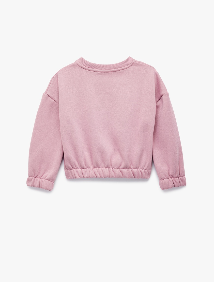  Kız Çocuk Beli Lastikli Şardonlu Uzun Kollu Bisiklet Yaka Kedili Crop Sweatshirt