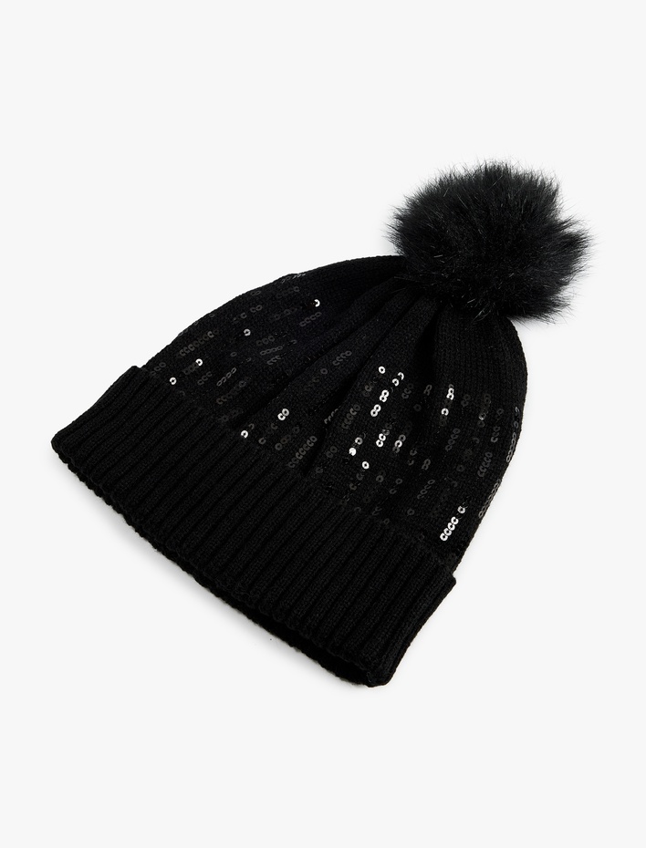 Kadın Pul Detaylı Ponponlu Katlı Örgü Bere