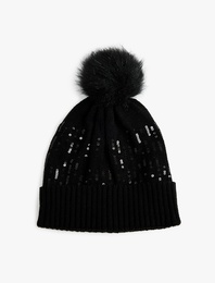 Pul Detaylı Ponponlu Katlı Örgü Bere