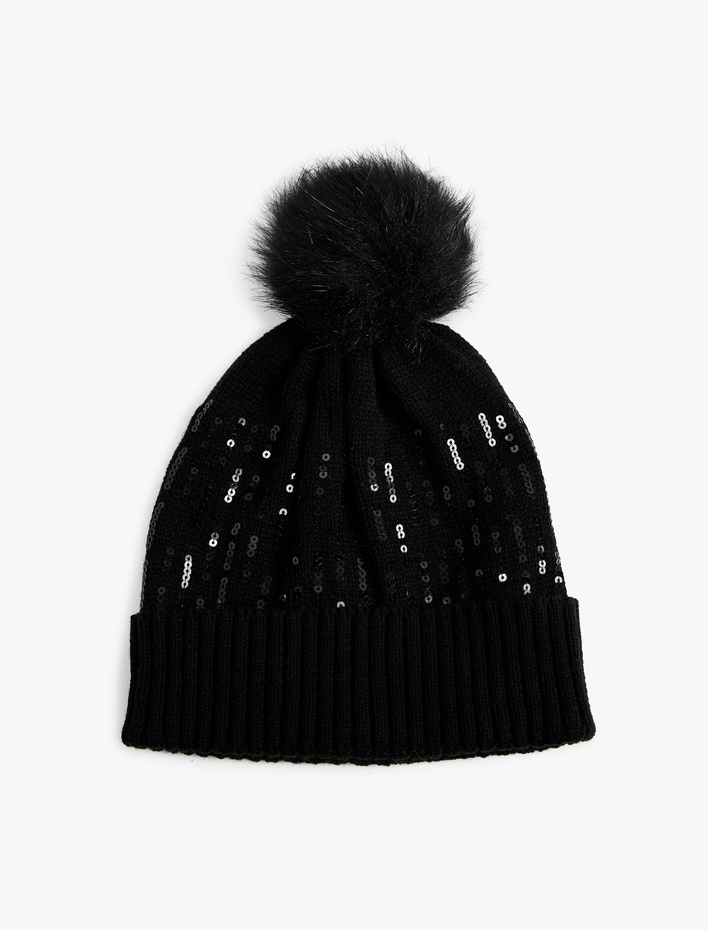 Kadın Pul Detaylı Ponponlu Katlı Örgü Bere