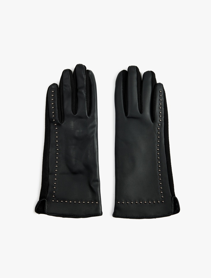 Kadın Metal Aksesuarlı Suni Deri Eldiven