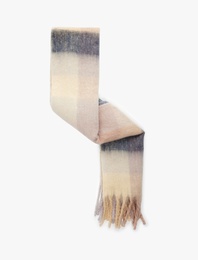 Renk Bloklu Yumuşak Dokulu Püsküllü Uzun Atkı