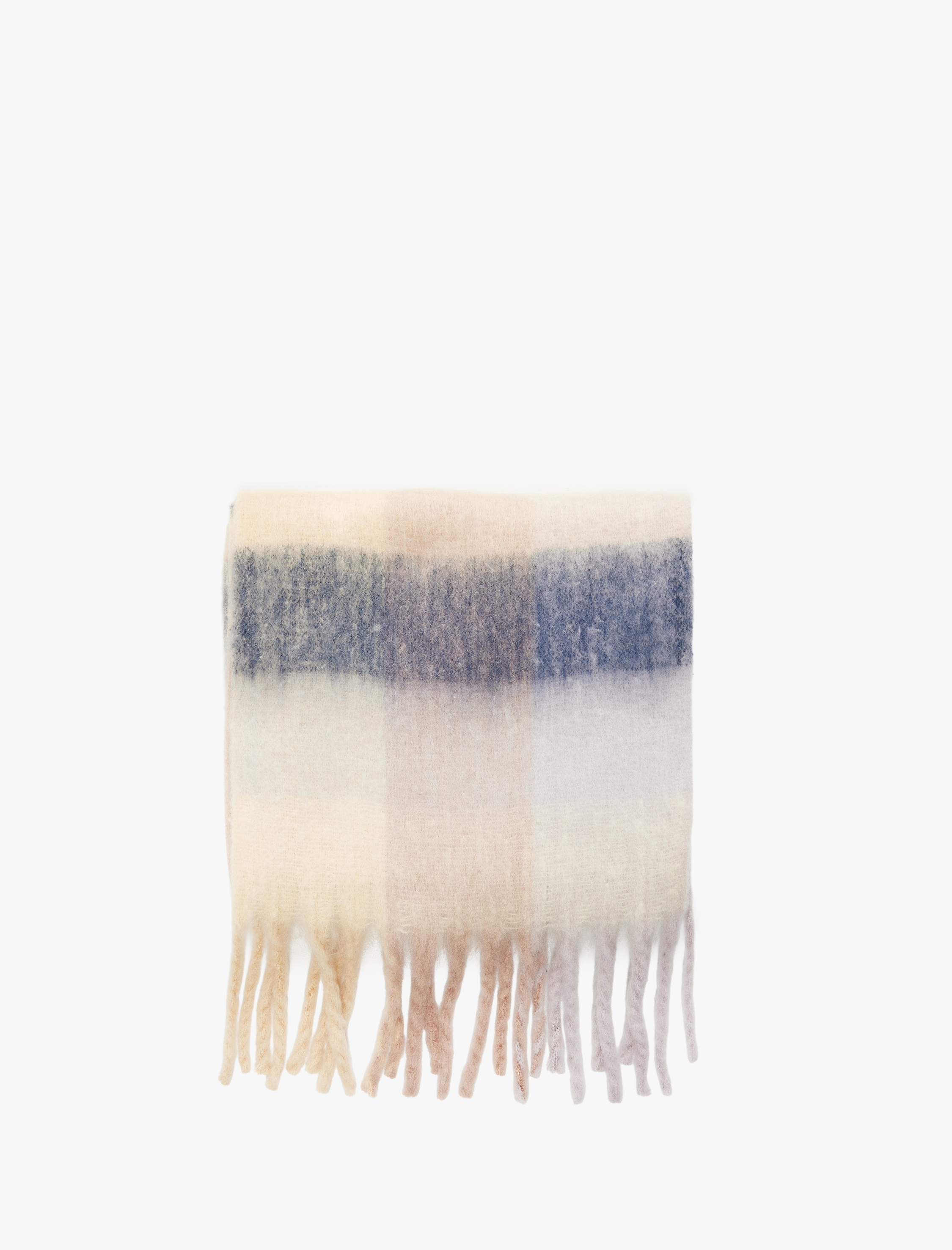  Kadın Renk Bloklu Yumuşak Dokulu Püsküllü Uzun Atkı