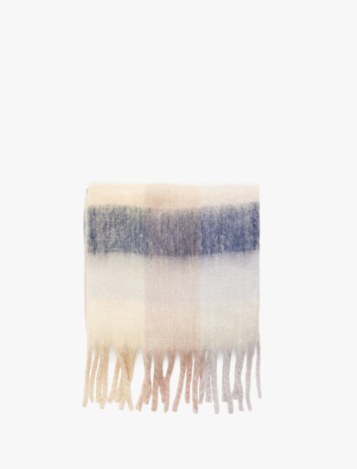 Kadın Renk Bloklu Yumuşak Dokulu Püsküllü Uzun Atkı