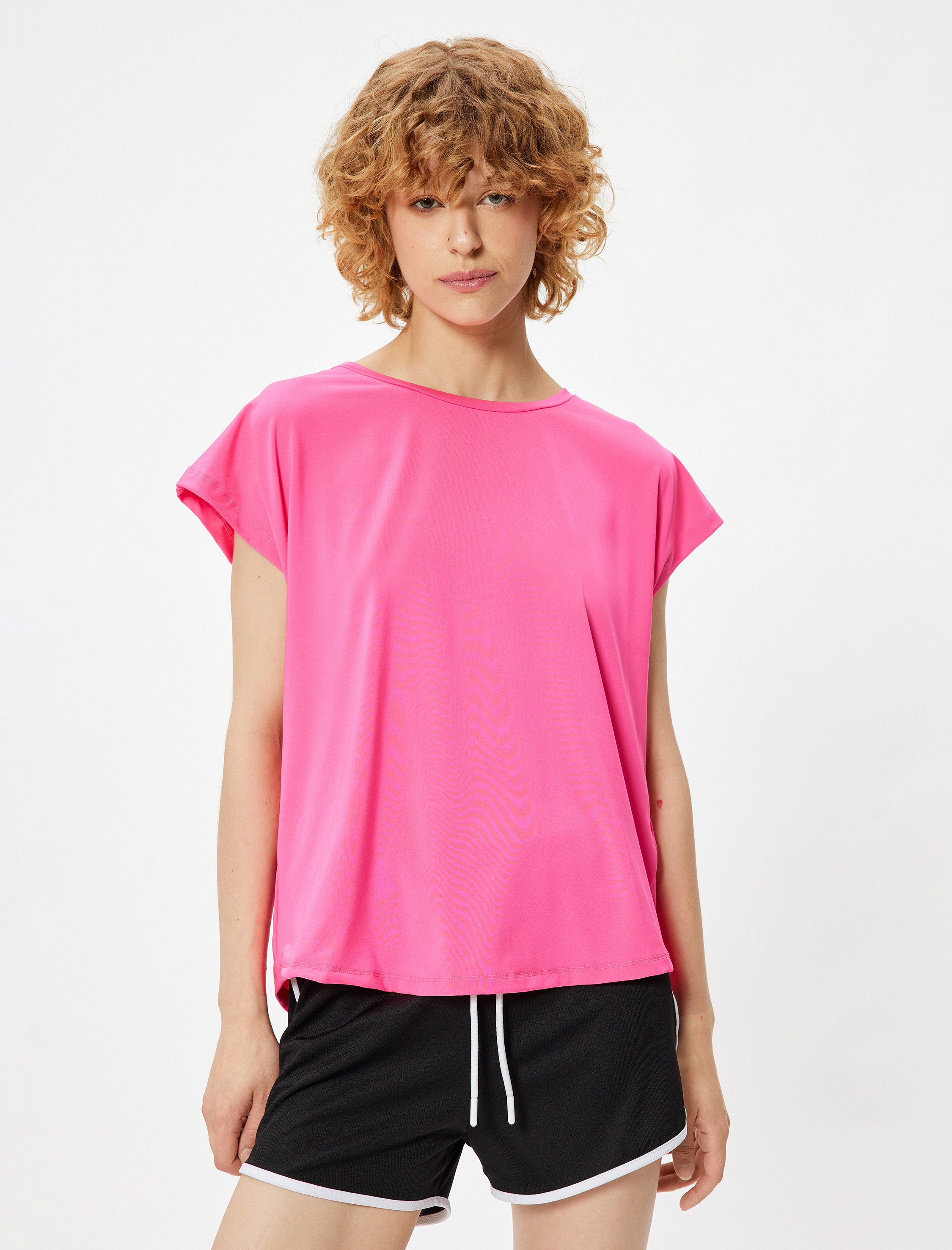   Oversize Spor Tişört Bisiklet Yaka Kısa Kollu Düşük Omuzlu