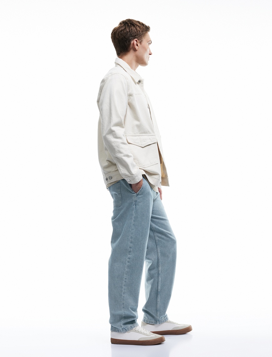   Beli Bağcıklı Cep Detaylı Pamuklu Rahat Kesim Denim Pantolon