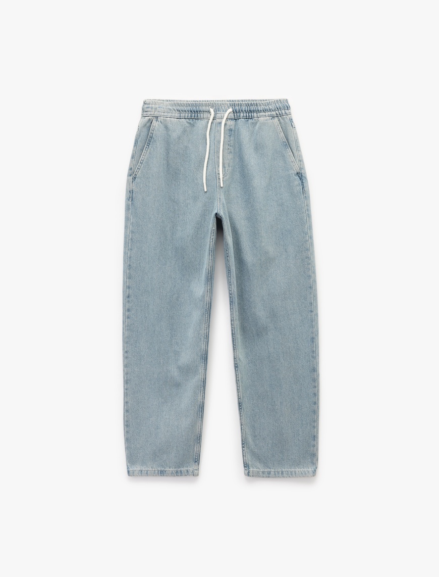   Beli Bağcıklı Cep Detaylı Pamuklu Rahat Kesim Denim Pantolon