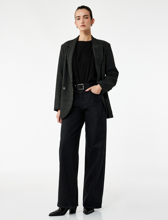  Yüksek Bel Pamuklu Düğmeli Geniş Paça Jean Pantolon -  Wide Leg Jeans