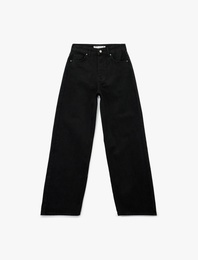 Yüksek Bel Pamuklu Düğmeli Geniş Paça Jean Pantolon -  Wide Leg Jeans