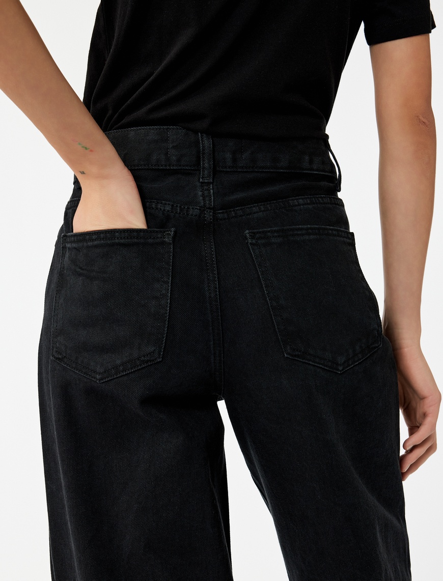   Yüksek Bel Pamuklu Düğmeli Geniş Paça Jean Pantolon -  Wide Leg Jeans