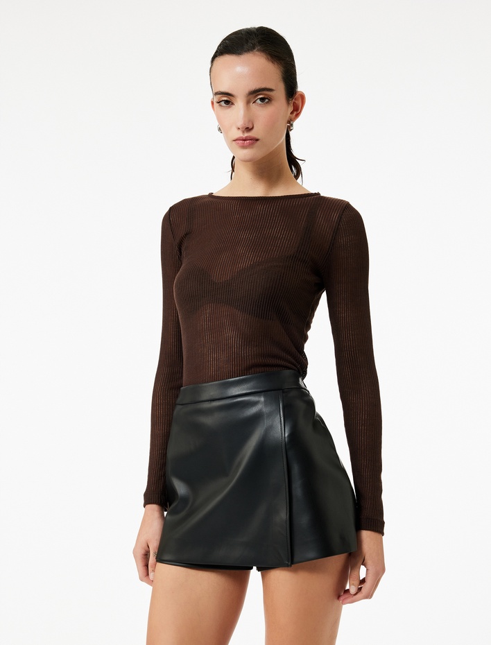  Slim Fit Suni Deri Mini Şort Etek