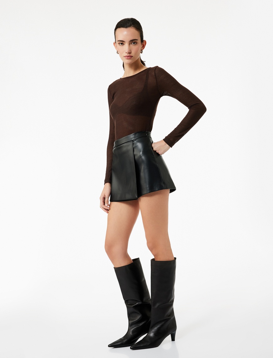   Slim Fit Suni Deri Mini Şort Etek