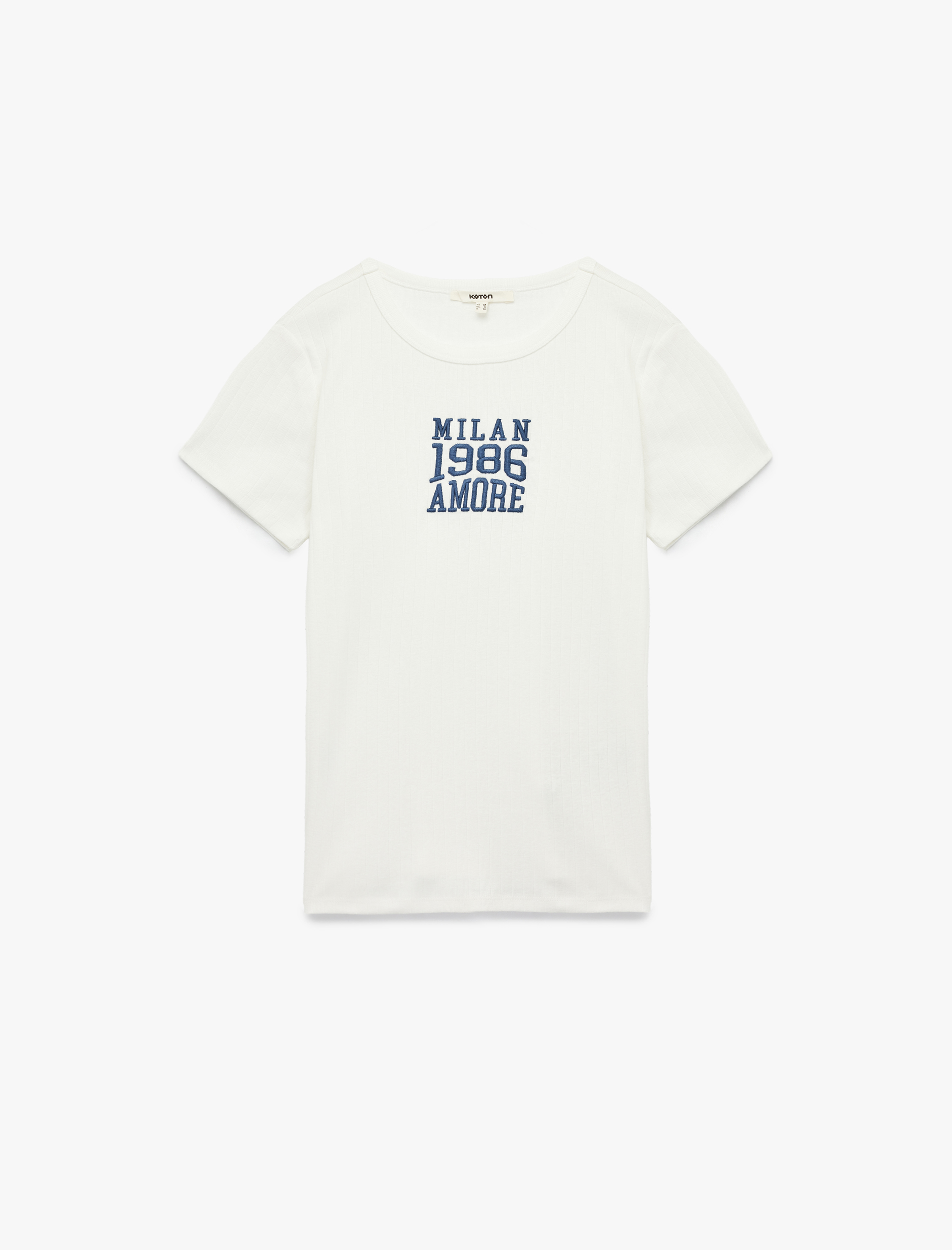 Dar Kalıp Kısa Kollu Bisiklet Yaka Pamuklu İşlemeli Tişört