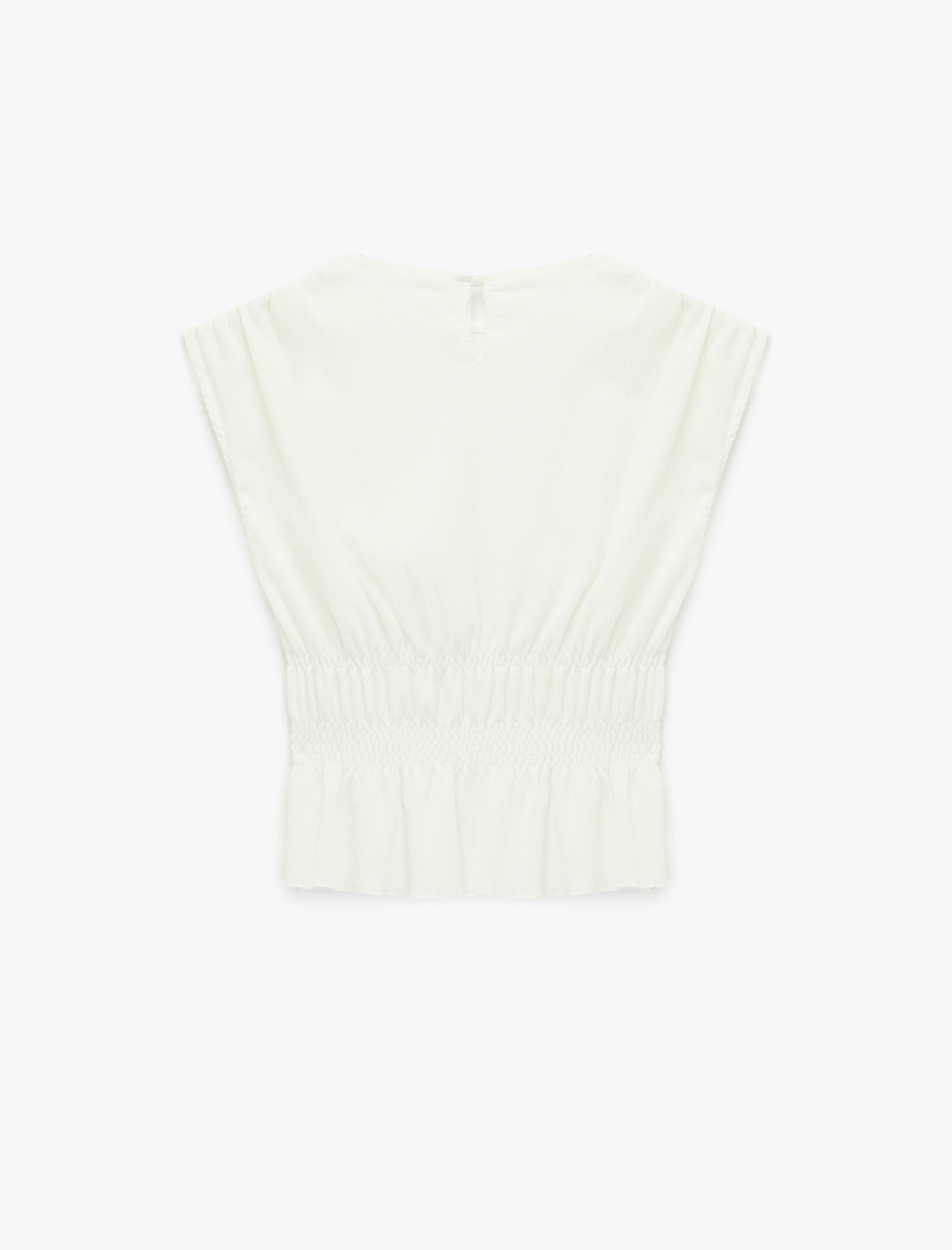   Bürümcük Kumaş Beli Lastik Detaylı Slim Fit Bisiklet Yaka Kolsuz Bluz