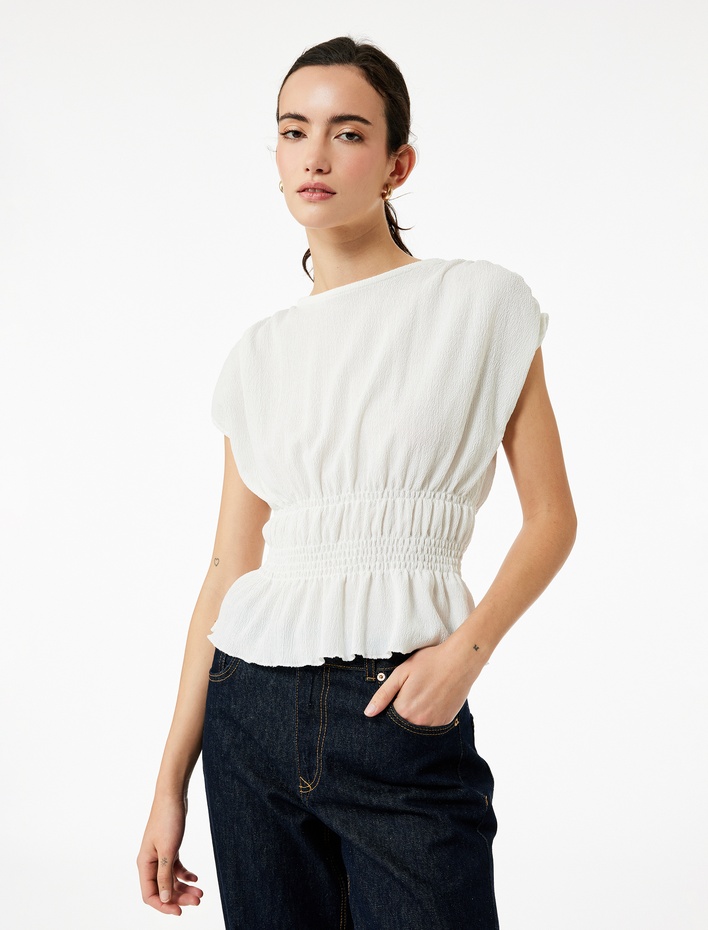  Bürümcük Kumaş Beli Lastik Detaylı Slim Fit Bisiklet Yaka Kolsuz Bluz