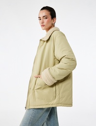 Dik Yaka Uzun Kollu Fermuarlı Cepli İçi Peluş Astarlı Anorak Mont