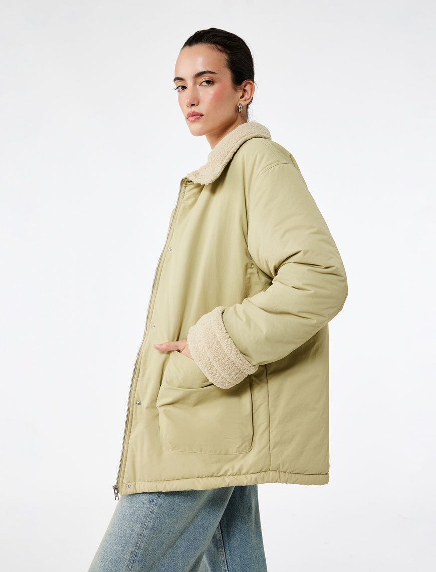 Koton Kadın Dik Yaka Uzun Kollu Fermuarlı Cepli İçi Peluş Astarlı Anorak Mont