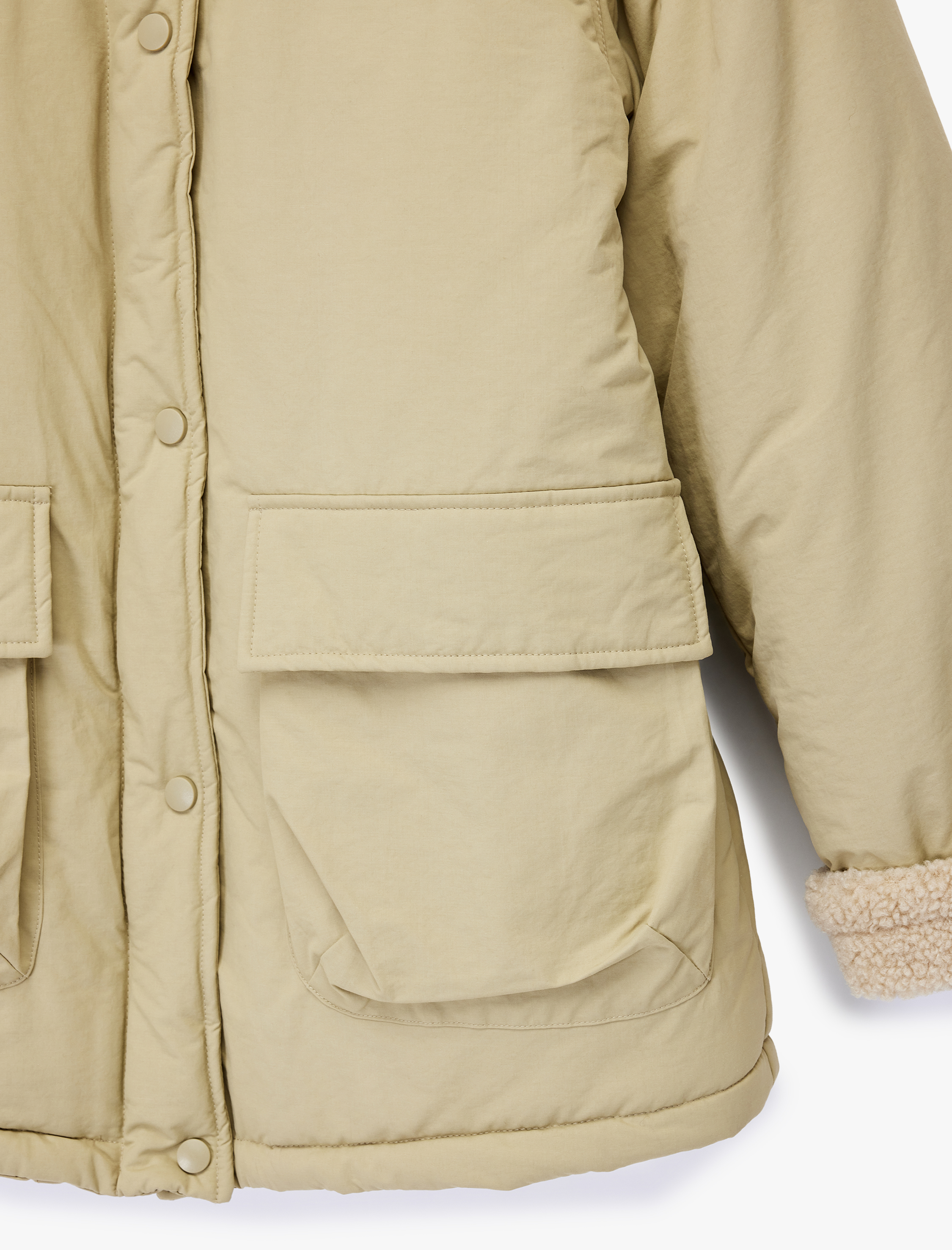   Dik Yaka Uzun Kollu Fermuarlı Cepli İçi Peluş Astarlı Anorak Mont