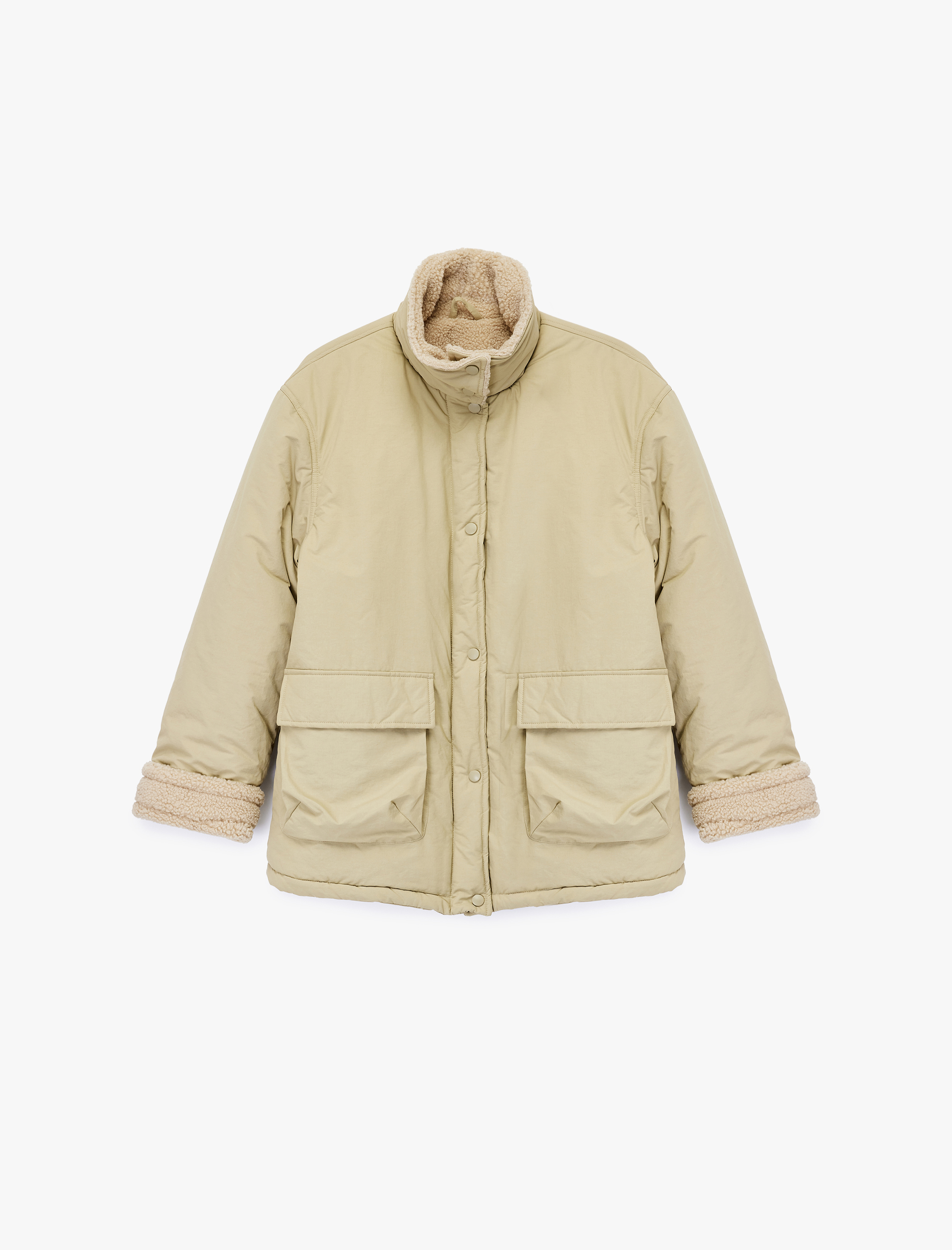   Dik Yaka Uzun Kollu Fermuarlı Cepli İçi Peluş Astarlı Anorak Mont