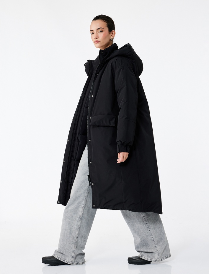  Çıkarılabilir Kapüşonlu Uzun Kollu Fermuarlı Anorak Su İtici Oversize Uzun Mont