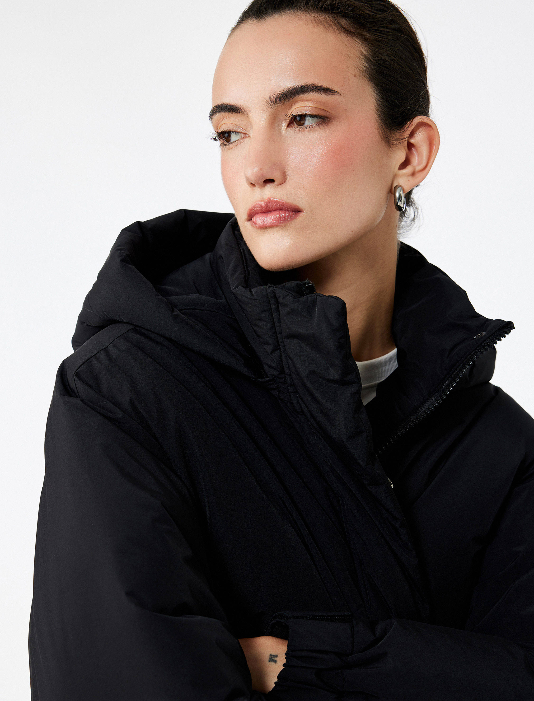   Çıkarılabilir Kapüşonlu Uzun Kollu Fermuarlı Anorak Su İtici Oversize Uzun Mont