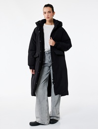 Çıkarılabilir Kapüşonlu Uzun Kollu Fermuarlı Anorak Su İtici Oversize Uzun Mont